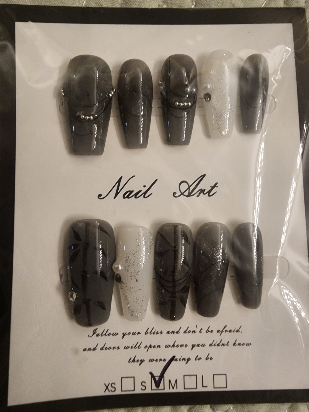 Handmade Gray & White Nail Set with Rhinestones